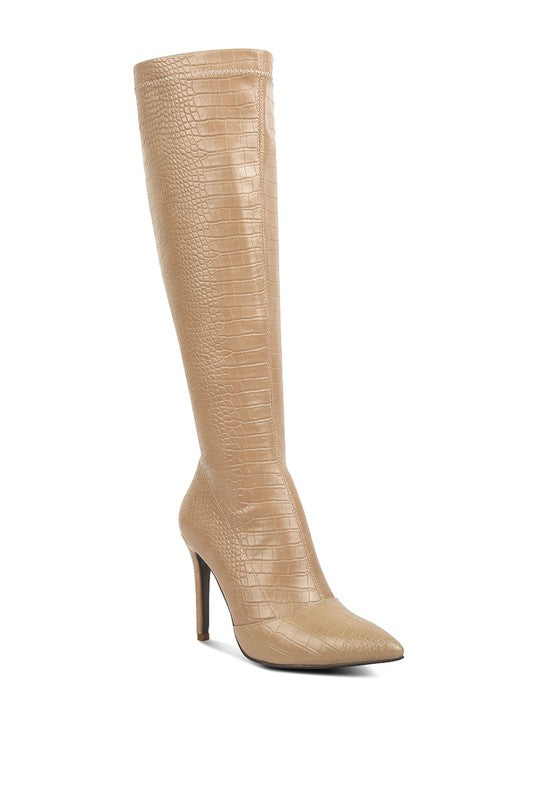 Nude Croc Calf High Heel Boots with Pointed Toe & Side Zip